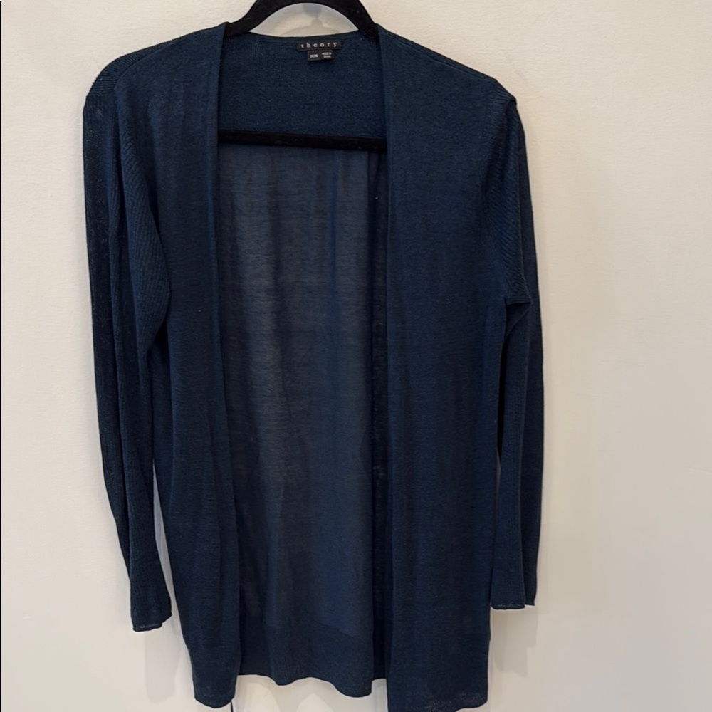Theory Dark Teal  Blue Linen Blend Open Front Cardigan Sweater